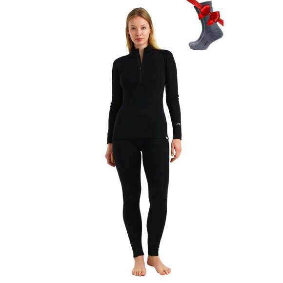 Women's Merino Wool Base Layer Set - Zip-Up Thermal Top & Bottom